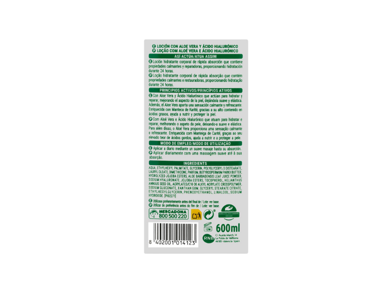Lait corporel hydratant à l'aloe vera et à l'acide hyaluronique de Deliplus 600 ml